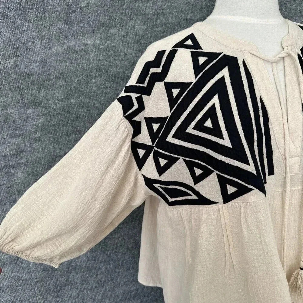 See And Be Seen Top Womens Small Cream Black Gauzy Geometric Peasant Boho Blouse - Picture 3 of 16